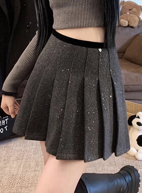 法式复古亮片百褶裙女秋冬高腰毛呢A字短裙大码显瘦遮胯半身裙胖M