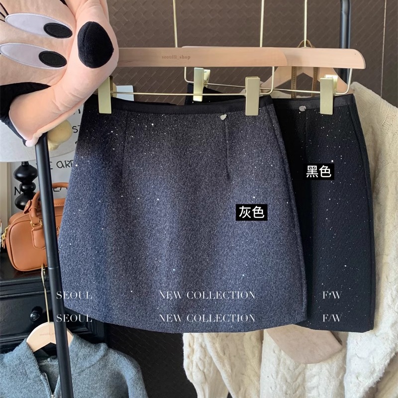 胖M复古重工亮片半身裙女秋冬小香风毛呢a字裙大码包臀高级感短裙