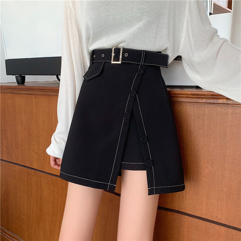 大码显瘦高腰明线a字裙短裙开叉性感腰带包臀裙港风遮胯女半身裙