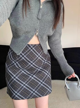 胖m复古格纹灰色毛呢半身裙女秋冬大码高腰显瘦包臀a字裙气质短裙