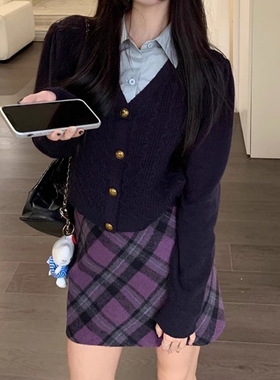 复古高腰毛呢格纹半身裙女大码秋冬新款加厚包臀a字紫色格子短裙