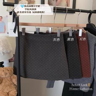 韩系波点毛呢半身裙女大码 简约百搭短裙胖M 复古黑色A字裙秋冬新款