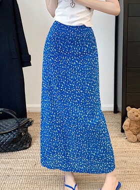 大码蓝色碎花半身裙女夏季雪纺高腰遮肚A字裙显瘦百搭直筒长裙子
