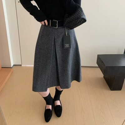 显瘦遮胯毛呢半身裙开叉中裙子