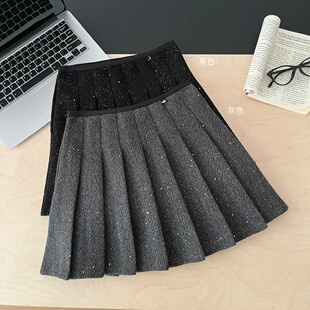 大码复古重工亮片百褶半身裙女秋冬新款气质高腰显瘦毛呢a字短裙