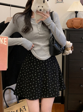 胖M韩系复古黑色半身裙女小碎花裙子大码高腰春季A字裙华夫格短裙