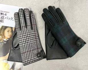 出口日本秋冬女士时尚 气质优雅保暖羊毛面料手心手机触屏羊皮手套