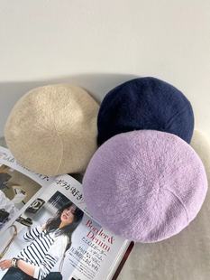 时尚 女式 气质休闲逛街紫色全羊毛保暖贝雷帽 秋冬季 出口日本新款