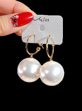 新品925银针韩版新年红色珠子耳环 气质百搭C型耳圈耳坠耳饰 女