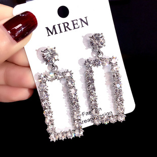 韩饰缘韩国新款 闪亮仙气水钻耳饰满钻气质几何长方形百搭网红耳环