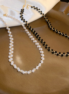 真金电镀水晶珍珠锁骨链