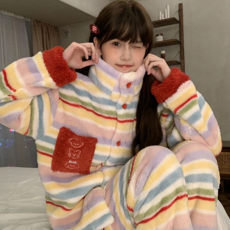 睡衣女秋冬新款加厚加绒两件套装