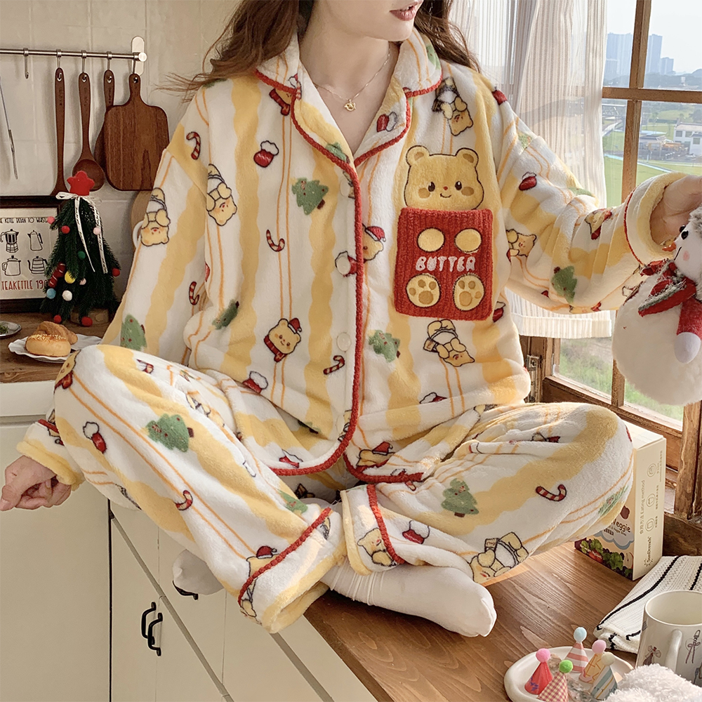 韩版卡通印花珊瑚绒加绒加厚套装