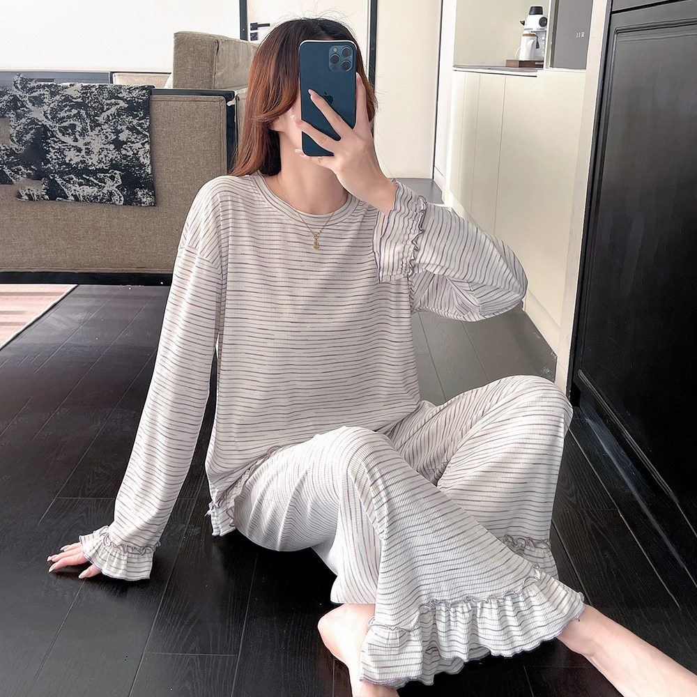 2026春秋季新款彩棉螺纹莫代尔棉长袖长袖套装女条纹可外穿居家服,女装/女士精品,大码套装,淘宝优惠券,粉丝福利购,淘宝优惠卷