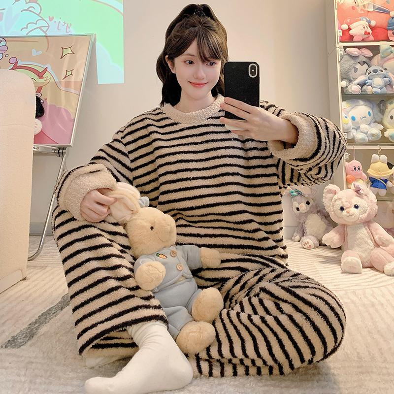 秋冬季韩版新款半边绒条纹套装女