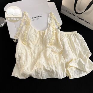 宫廷风蕾丝宽松家居服套装 短裤 云朵棉睡衣女士吊带无袖 2026夏季