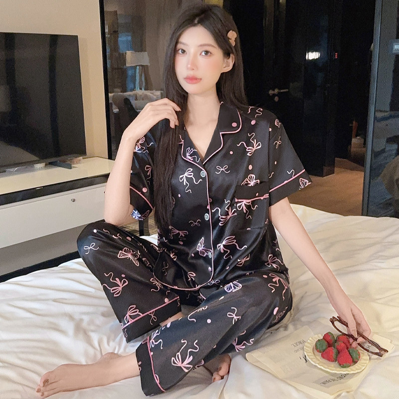 夏季新款短袖长裤韩版仿真丝绸性感蕾丝花边休闲居家服两件套装女,女装/女士精品,大码套装,淘宝优惠券,粉丝福利购,淘宝优惠卷