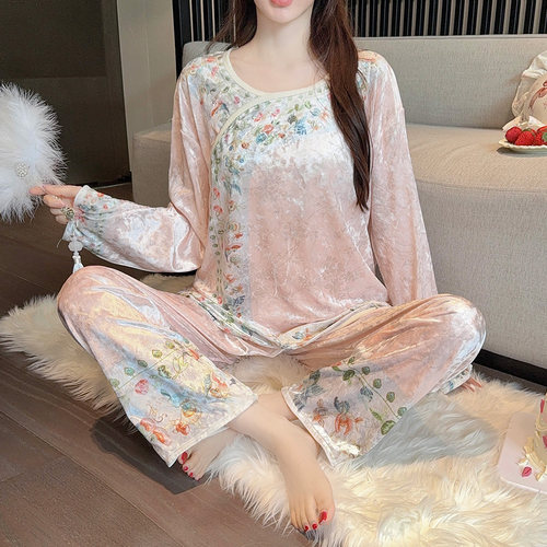 睡衣女长袖金丝绒甜美家居服套装