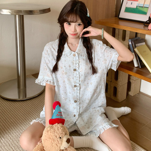 纯棉套装女短袖短裤公主风棉纱夏
