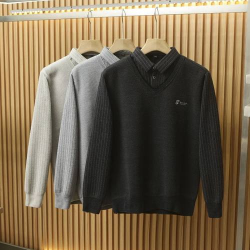 男装叠穿假两件翻领加绒毛衣