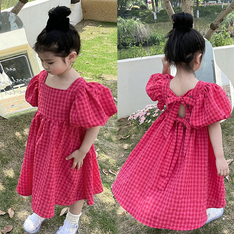 公主泡泡袖夏蝴蝶结连衣裙红格子