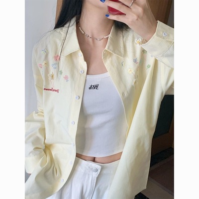 美式复古百搭刺绣花朵条纹长袖衬衫女宽松设计感小众休闲上衣衬衣