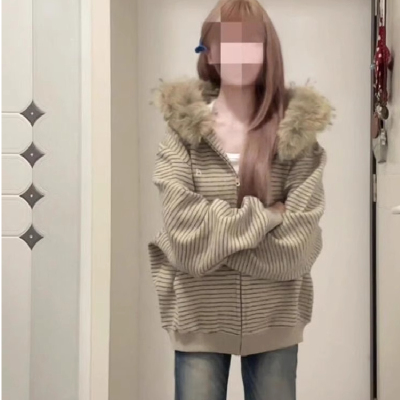 美式复古拉链毛领连帽卫衣女秋冬宽松开衫条纹显瘦休闲慵懒风外套