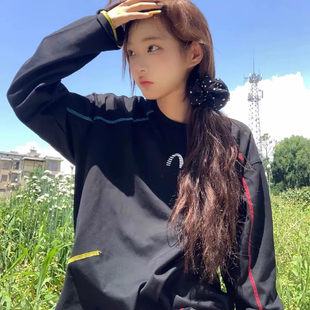 美式 情侣上衣 不规则彩色线条纯棉长袖 t恤女春秋宽松设计感打底衫