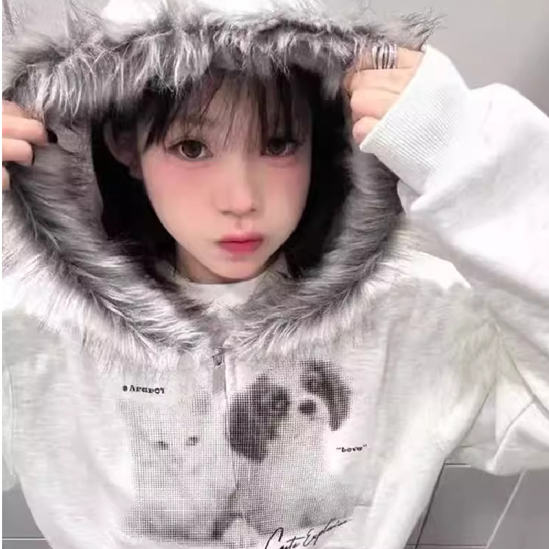 美式复古学院风猫狗印花毛领连帽外套女秋冬加绒加厚宽松开衫卫衣