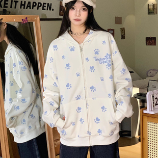 甜美慵懒风ins卡通狗爪印花连帽卫衣外套女秋季 上衣 新款 休闲开衫