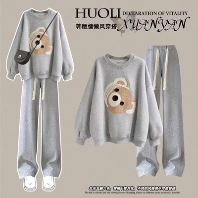 学院风休闲卫衣秋冬加绒套装女2024新款运动奶系小个子穿搭一整套