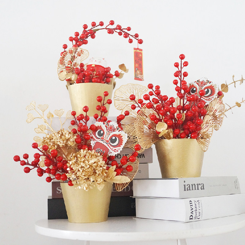 红色发财果子冬青新年春节装饰仿真花年宵花福桶摆件乔迁之喜搬家