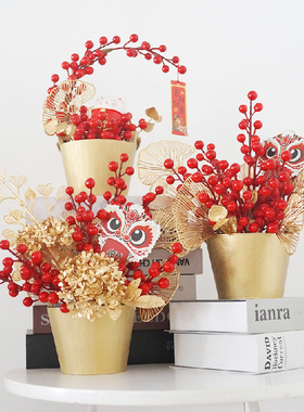 红色发财果子冬青新年春节装饰仿真花年宵花福桶摆件乔迁之喜搬家