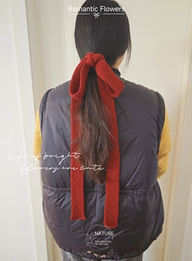 手工编织暗红色飘带毛线发圈春秋细条围巾两用新年款发饰长发飘带