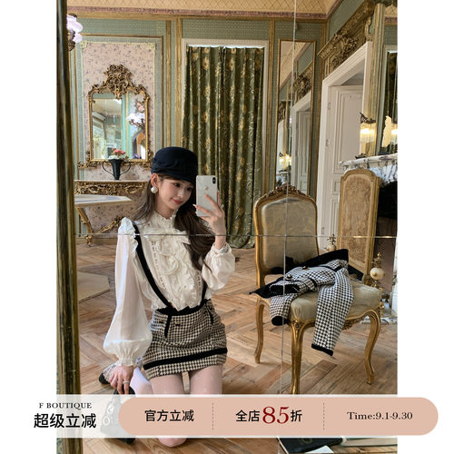 F boutique 重工钉珠蝴蝶结胸针蕾丝拼接泡泡袖衬衫