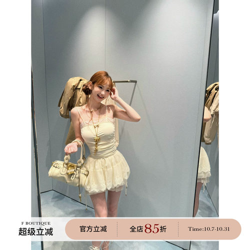 F boutique「裸感基底」蕾丝拼接蝴蝶结抽皱修身高弹力吊带