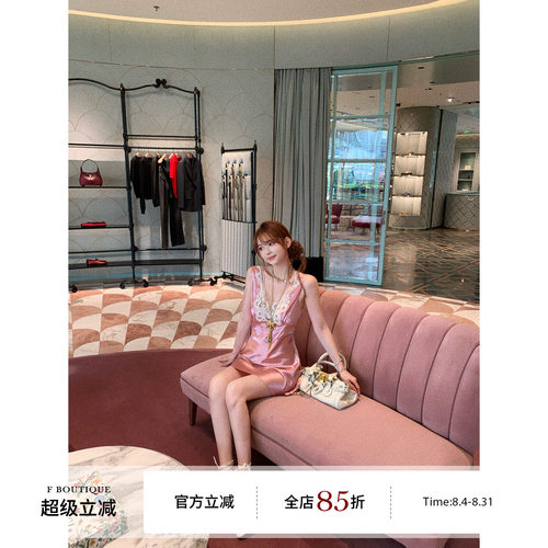 F boutique「江坂丽奈」Ch1oe2w定染法蕾醋酸缎系带无袖v领连衣裙