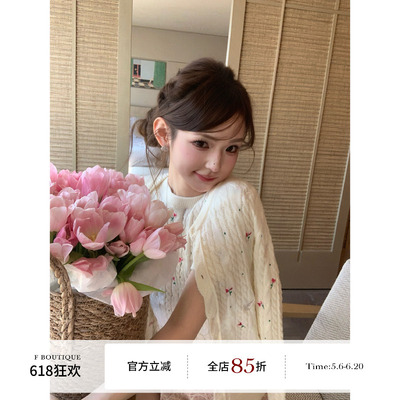 F boutique「白鸽玫瑰」Di*r重工花卉刺绣圆领短袖针织衫+开衫