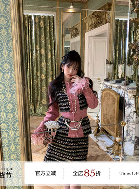 F boutique 10w+ 中古秀款高奢重工定染南非鸵鸟毛撞色小香套装