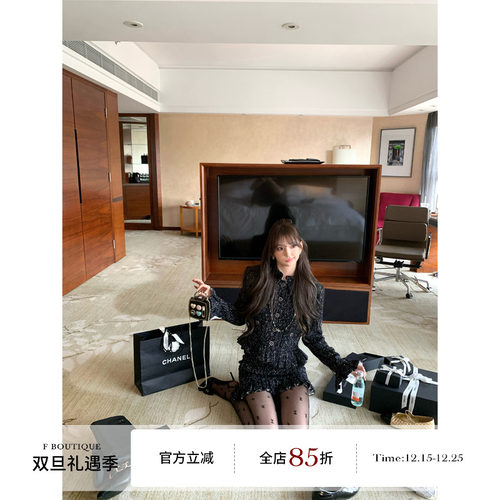 F boutique「黑钻缪斯」25b定制面料手工褶复古千金小香外套+半裙