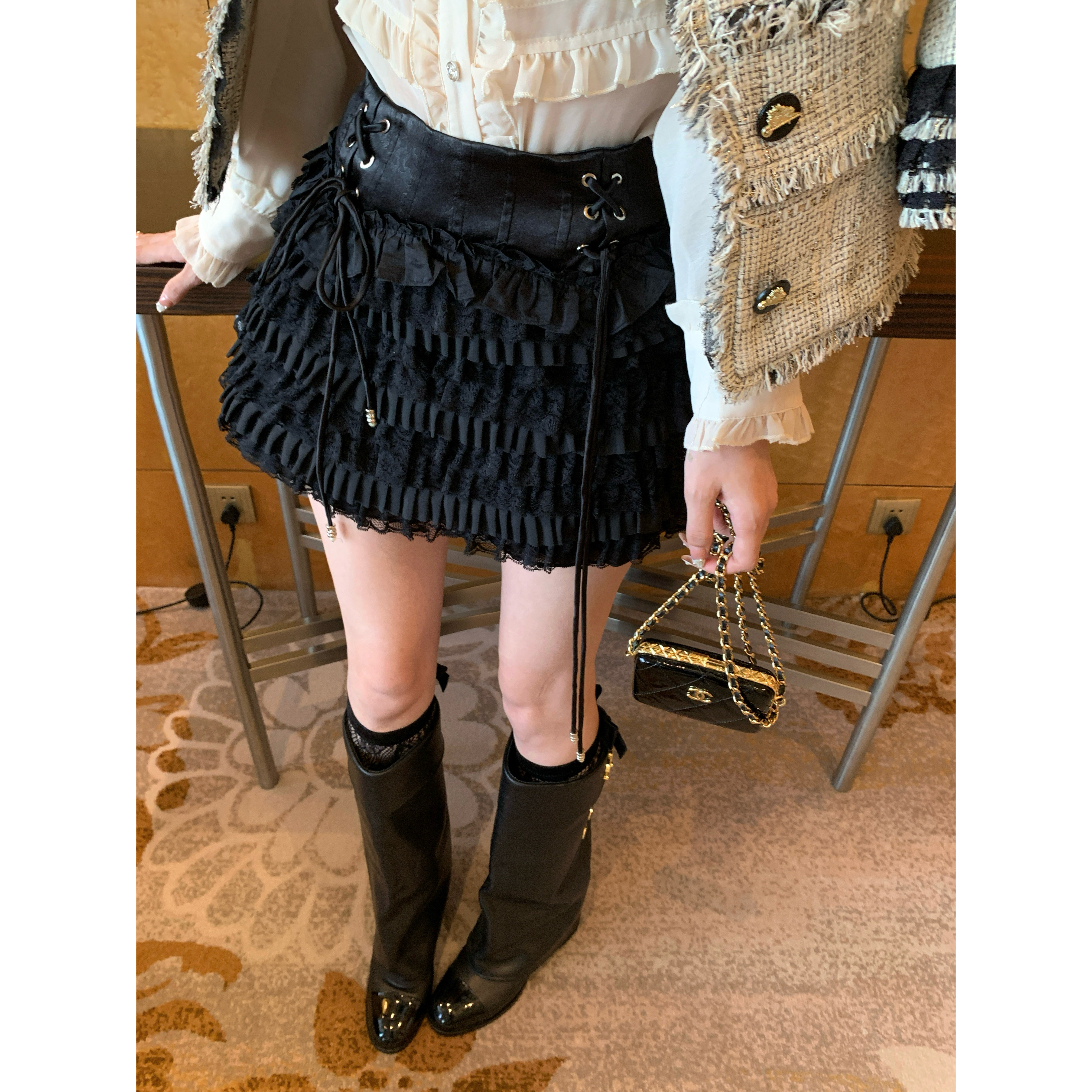 F boutique 怒推超重工!!中古doll复古鱼骨高腰绑带蕾丝蛋糕裙裤