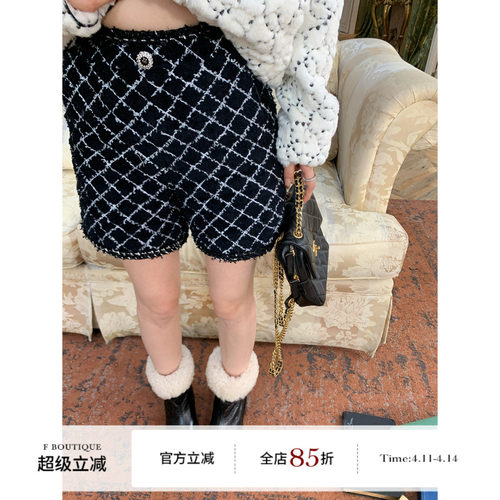F boutique 小香菱格纹定制面料高腰花边短裤