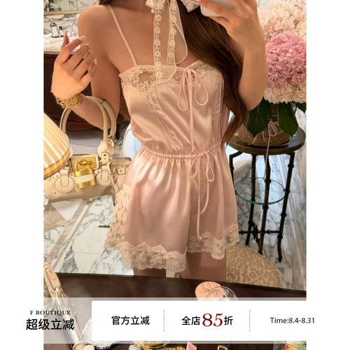 F boutique「S1p*」定染蕾丝拼接醋酸缎面吊带收腰绑高腰连体裤