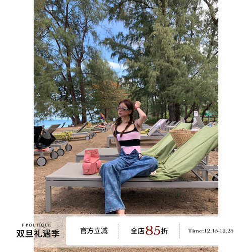 F boutique 画染手绘 山茶花小香高腰直筒牛仔长裤/短裤