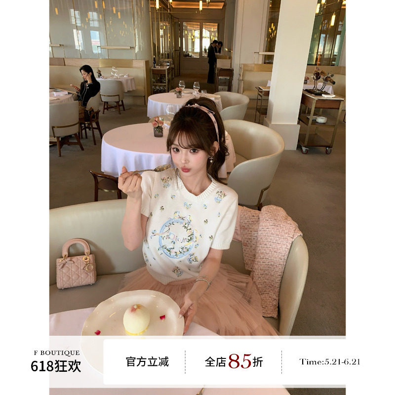 F boutique「万针刺绣」Di*r春漾花园/飞马系列圆领短袖针织套衫
