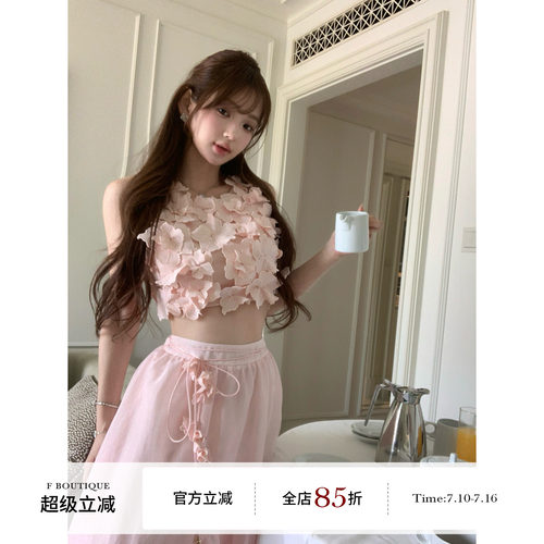 F boutique「甜醺」重工46朵立体刺绣手工花朵亚麻背心+系带半裙