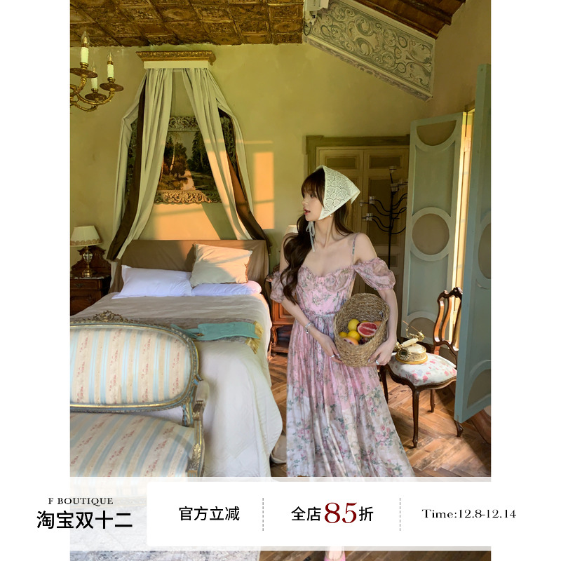 F boutique「house*cb蔷薇花园」莱赛尔天丝印花重工鱼骨连衣裙