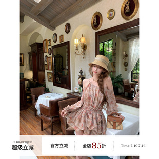 F boutique「油画玫瑰」复古雪纺印花编织露肩长袖连衣裙+灯笼裤