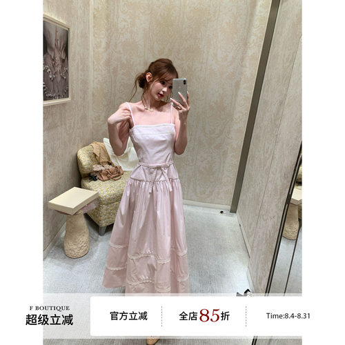 F boutique「D1or3w+」yb定染裸粉100棉府绸蕾丝拼接蝴蝶结连衣裙