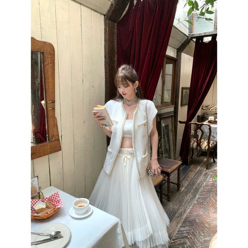 F boutique「手工坊钉珠」 奢牌珍珠水钻钉珠粗花呢无袖马甲背心